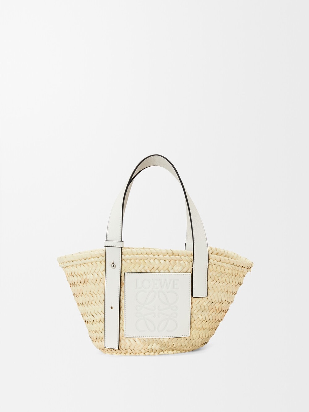 Loewe Small Basket Bag in Palm Leaf and White Calfskin